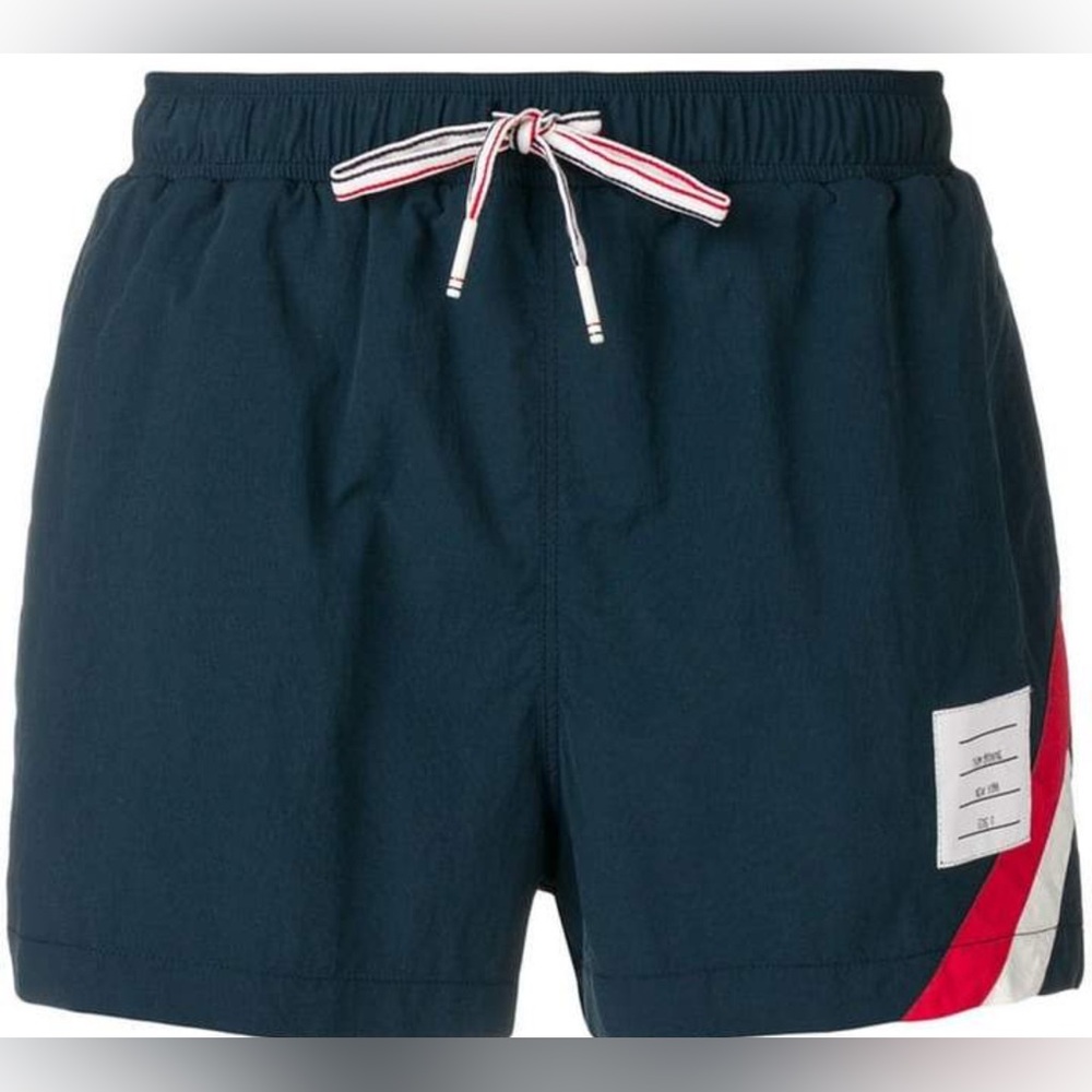 Men's THOM BROWNE Navy Swim Shorts with Red Accents Size 3